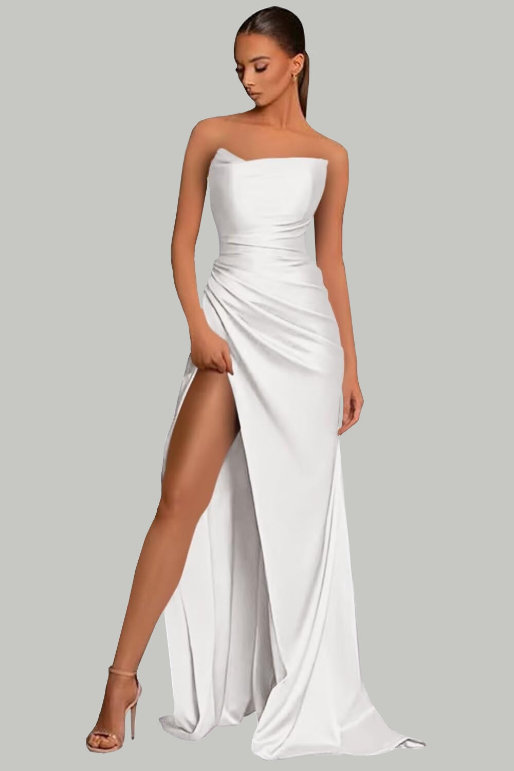 Sleek Strapless Satin Evening Gown with High Slit