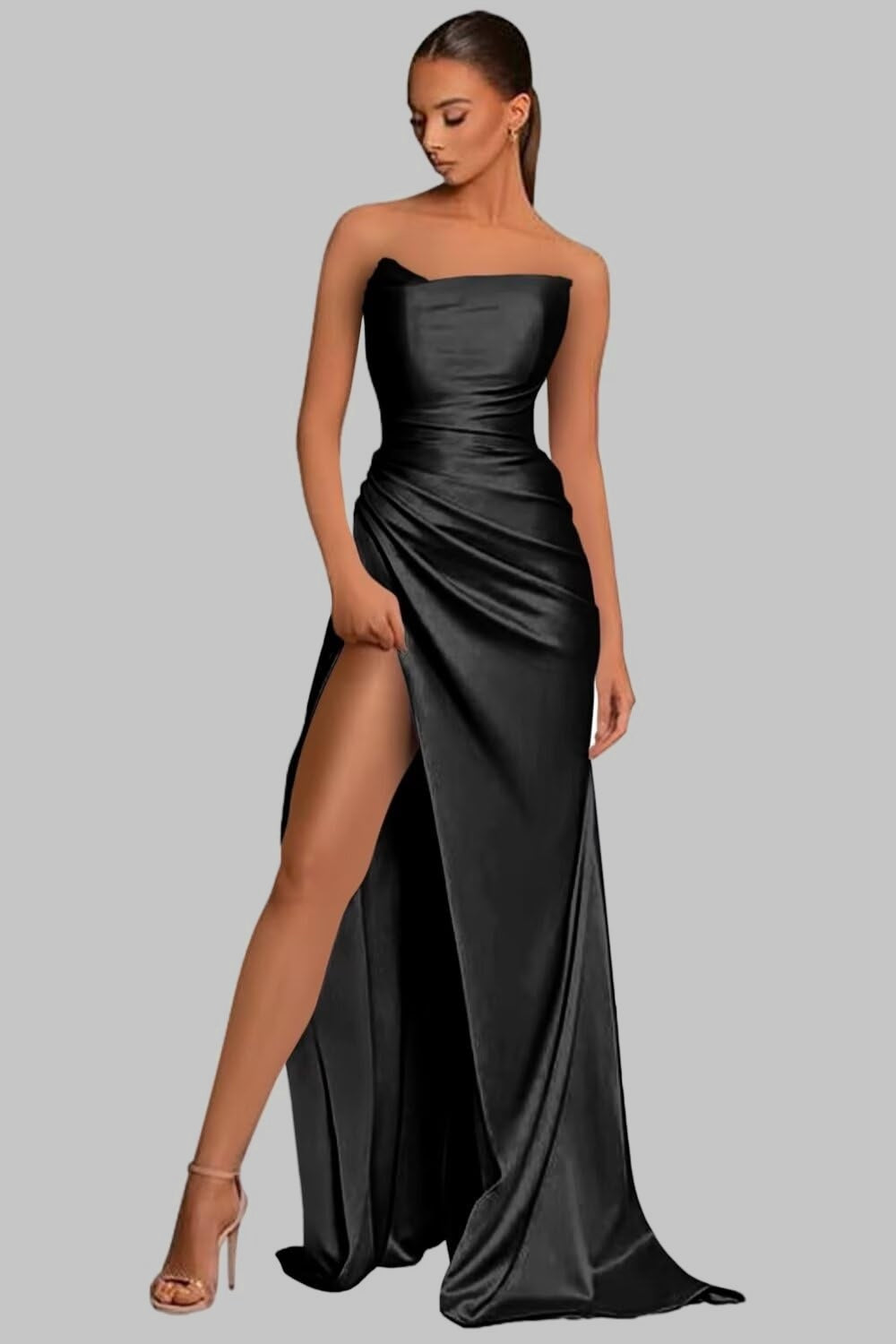 Sleek Strapless Satin Evening Gown with High Slit