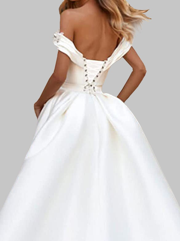 Elegant Off-Shoulder Satin Bridal Gown with Attachable Train