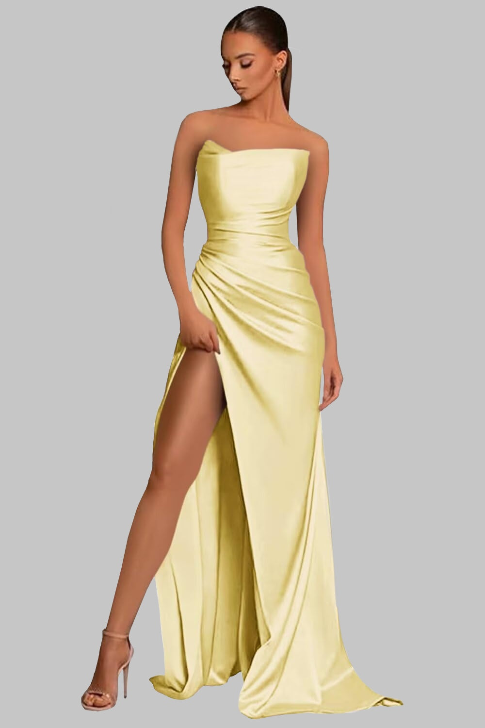 Sleek Strapless Satin Evening Gown with High Slit