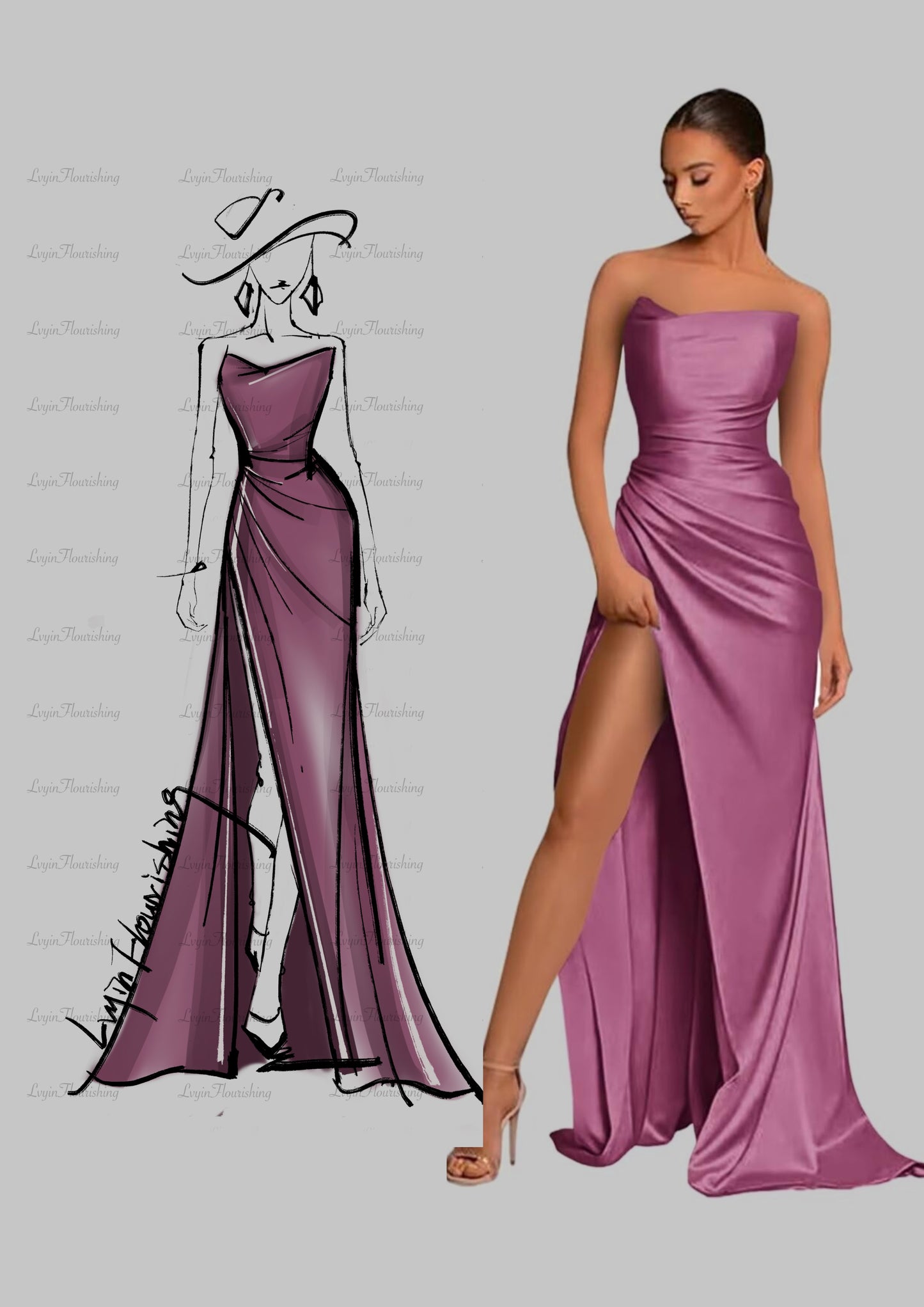 Sleek Strapless Satin Evening Gown with High Slit