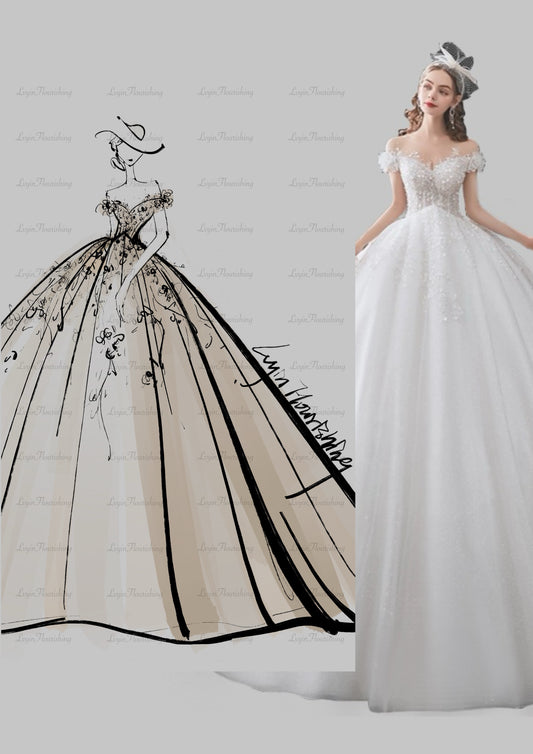 Off-Shoulder Ball Gown Wedding Princess Dress with Lace and Bead Embellishments