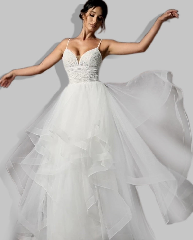 Women Tiered Tulle Wedding Dresses Slip Dresses V Neck with Adjustable Strap,Sexy Beach Dresses