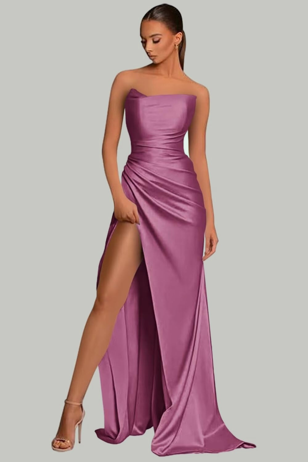 Sleek Strapless Satin Evening Gown with High Slit