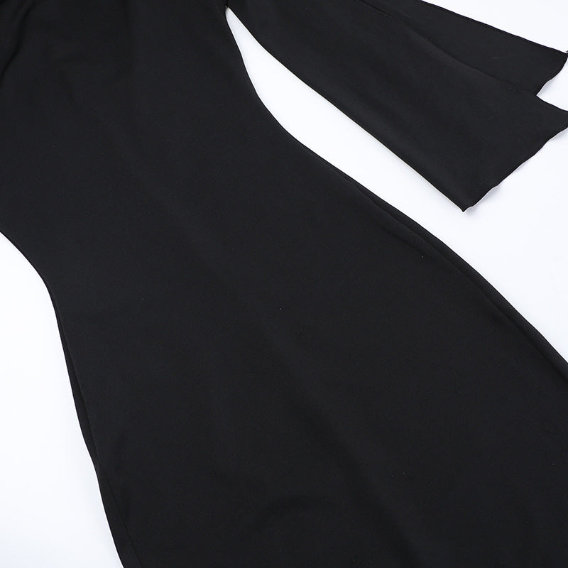 Elegant One-Shoulder Black Maxi Dress with Flowing Detail