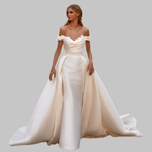 Elegant Off-Shoulder Satin Bridal Gown with Attachable Train