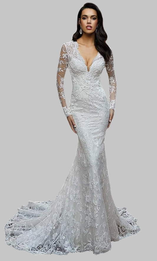 Chic Long Sleeve Lace Wedding Dress with Deep V-Neck and Mermaid Train