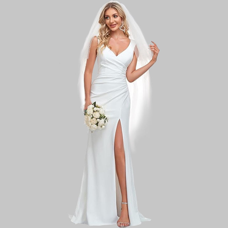 Satin V-Neck A-Line Wedding Dress with Side Slit