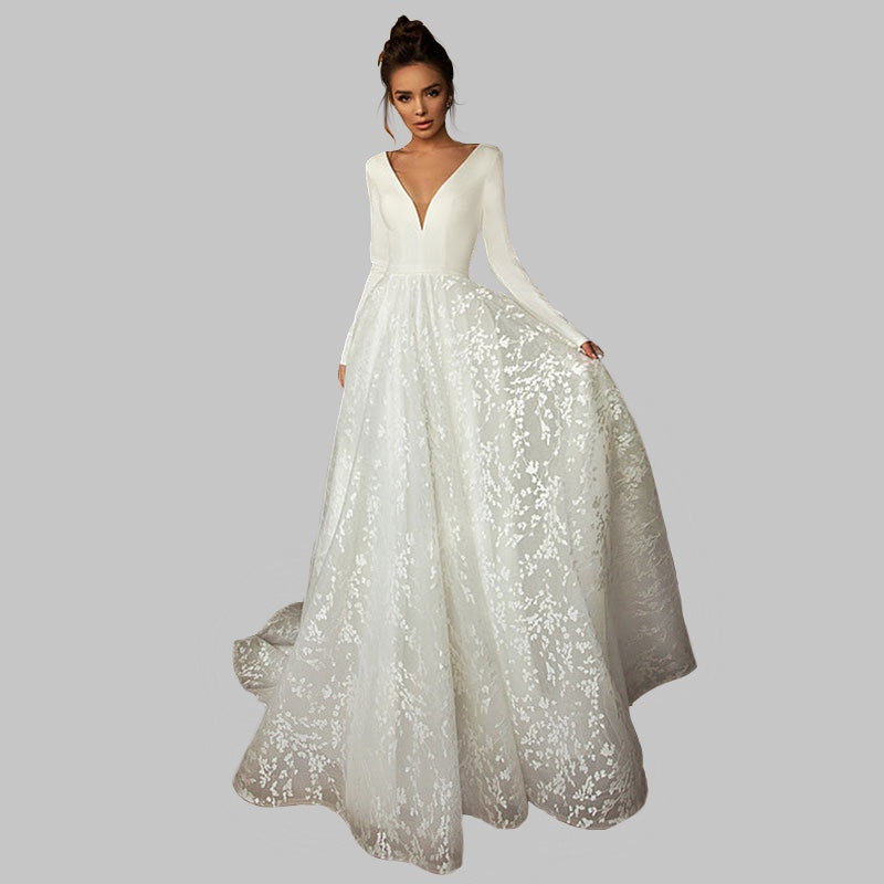 Stunning Backless Lace Wedding Dress with Long Sleeves