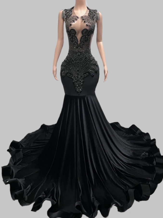 Black Beaded Mermaid Gown with Dramatic Train