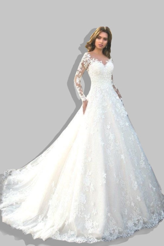 Elegant Long Sleeve A-Line Wedding Dress with Lace Appliqué and V-Neck