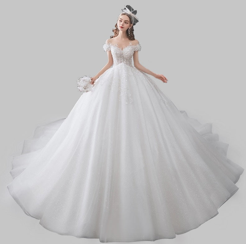 Off-Shoulder Ball Gown Wedding Princess Dress with Lace and Bead Embellishments