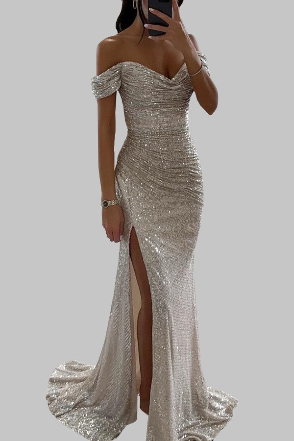 Elegant Off-Shoulder Sequin Evening Gown with High Slit