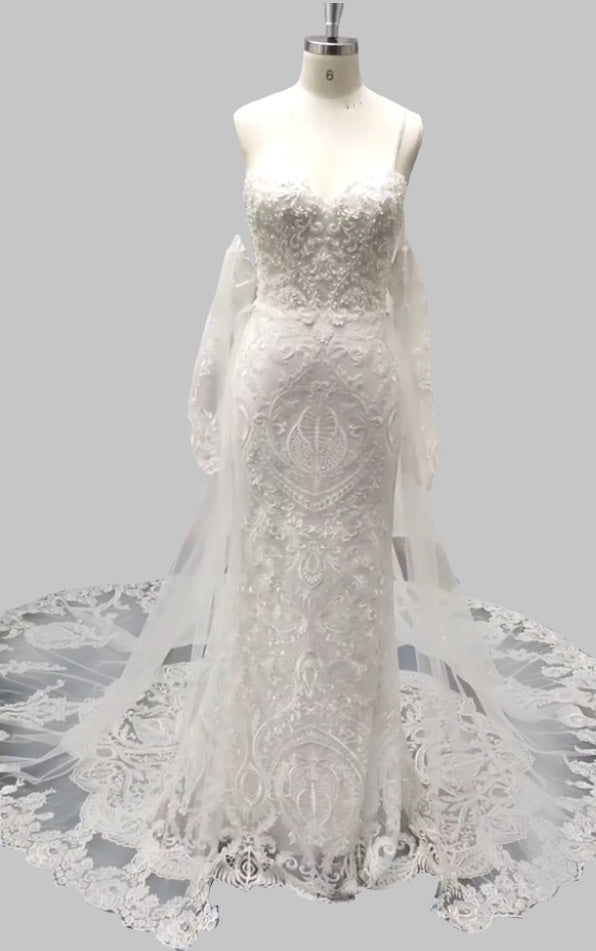 Luxurious Strapless Lace Wedding Dress with Sheer Sleeves and Elegant Train