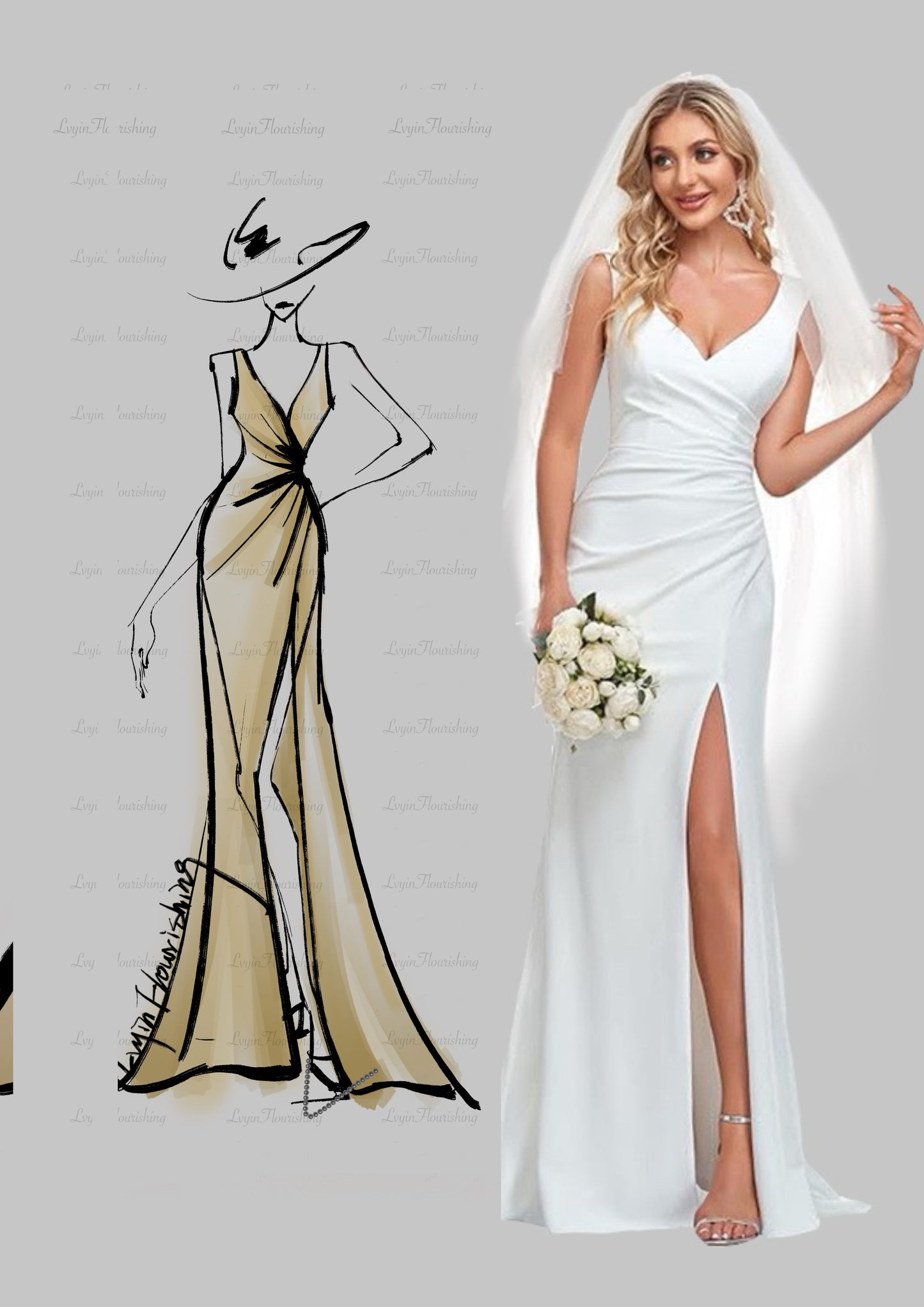 Satin V-Neck A-Line Wedding Dress with Side Slit