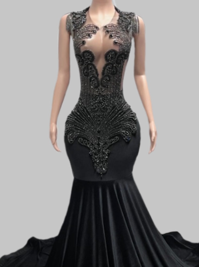 Black Beaded Mermaid Gown with Dramatic Train