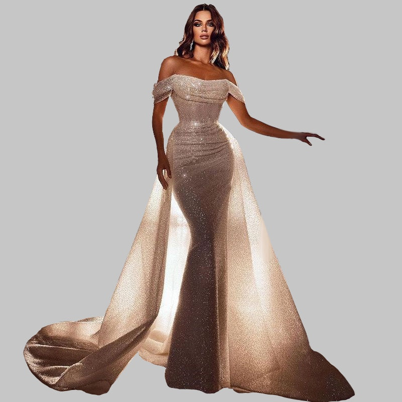 Elegant Off-Shoulder Sparkling Mermaid Evening Dress with Train