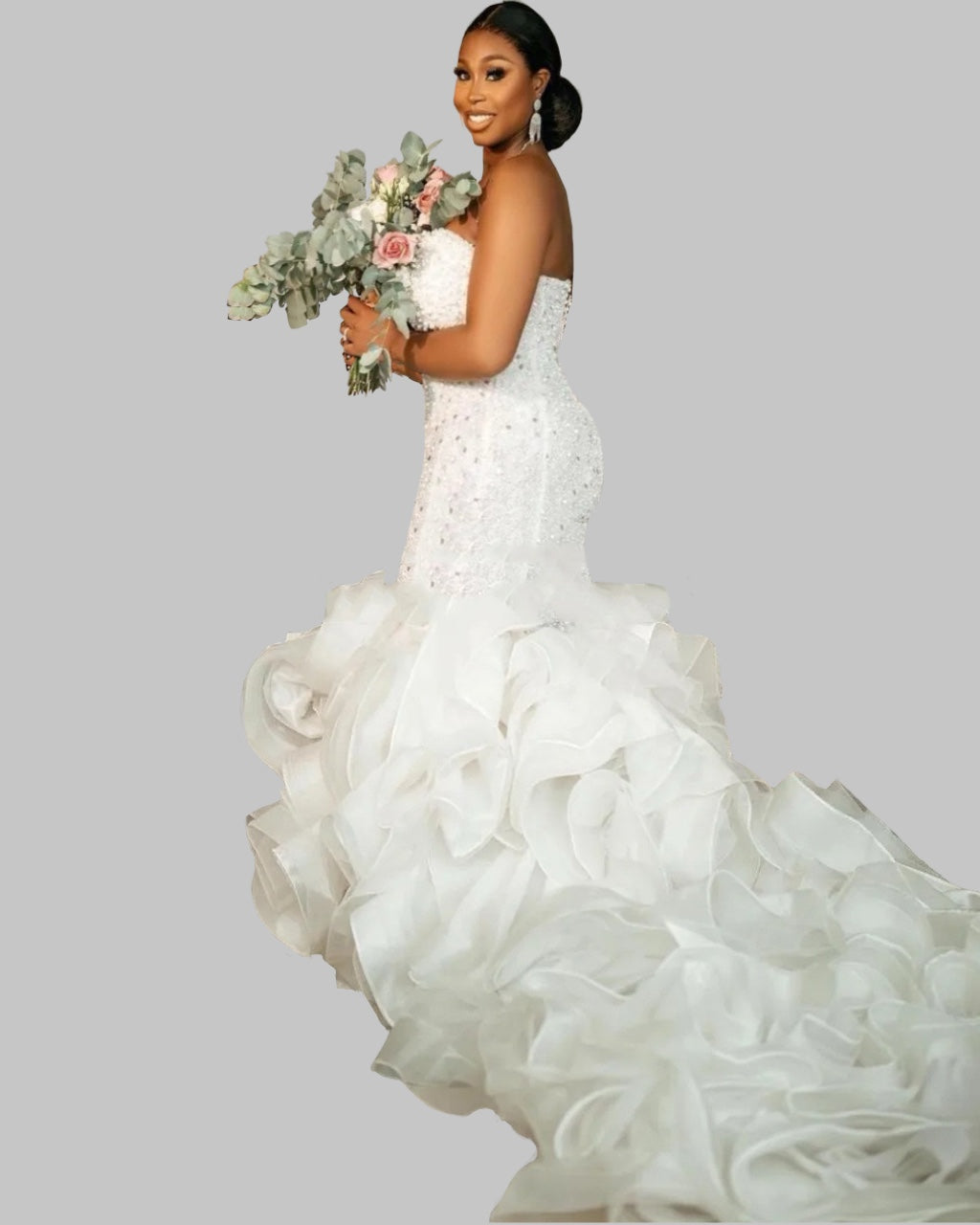 Exquisite Off-Shoulder Mermaind Wedding Dress with Ruffled Train