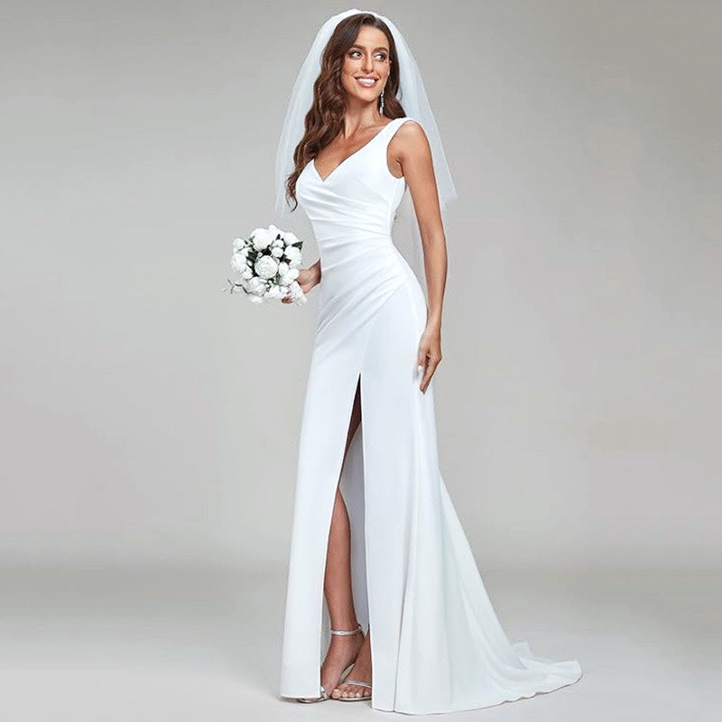 Satin V-Neck A-Line Wedding Dress with Side Slit