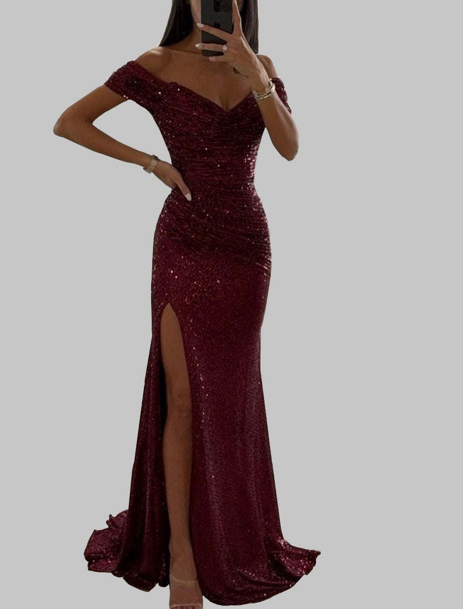 Elegant Off-Shoulder Sequin Evening Gown with High Slit