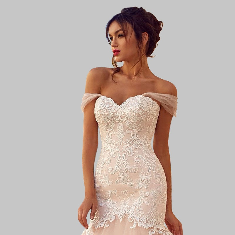 Off-Shoulder Mermaid Wedding Dress with Lace Embroidery