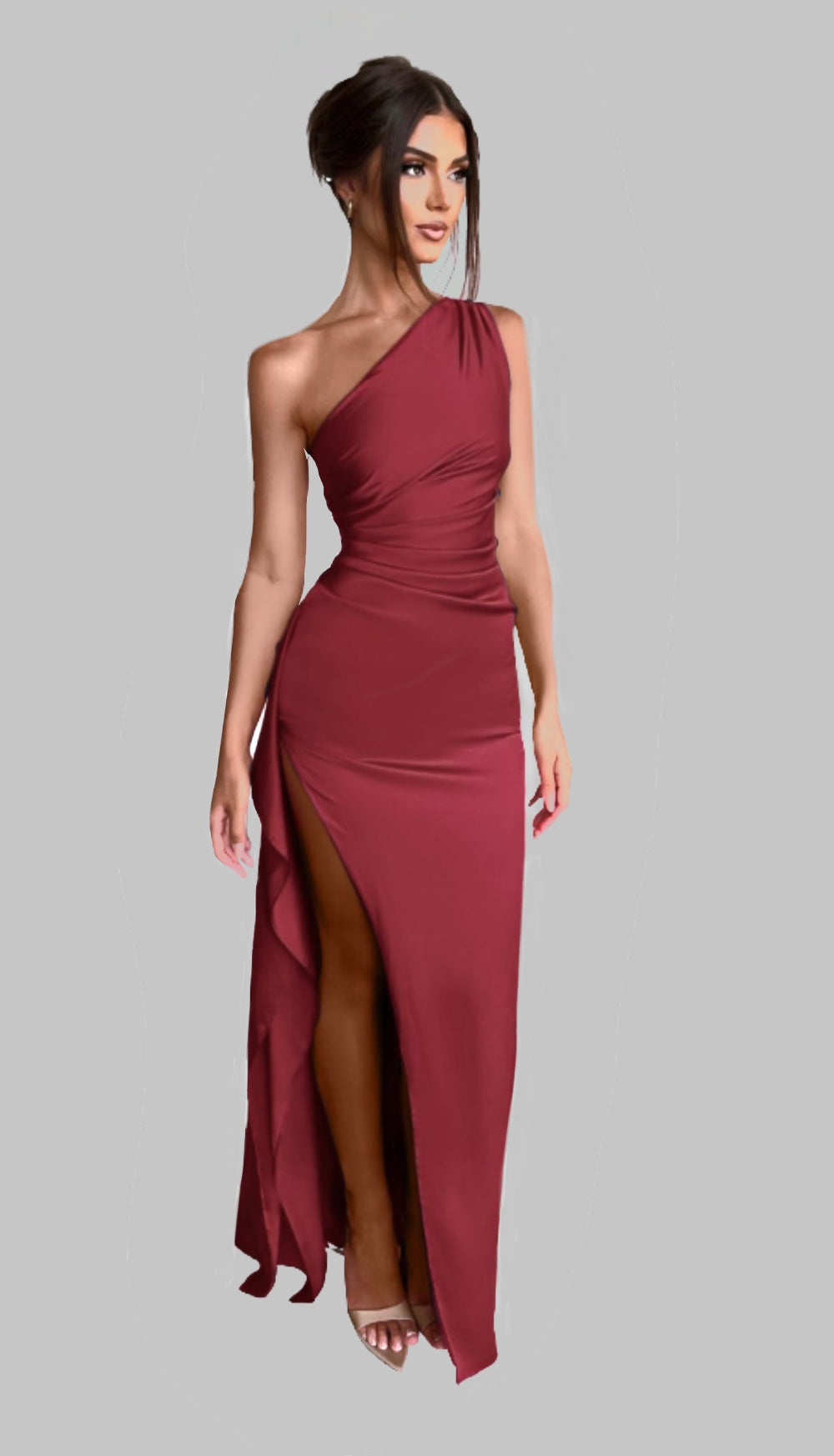 One-Shoulder Satin Maxi Dress with Side Slit