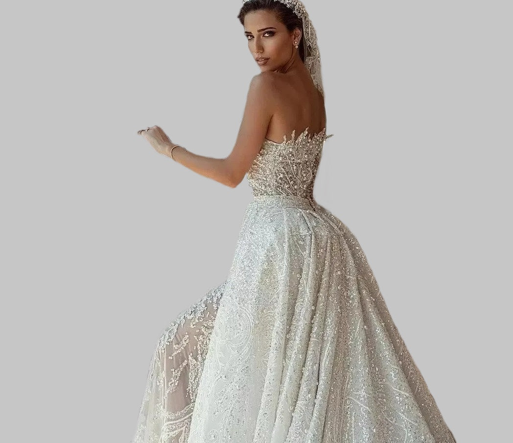 Glamorous one-Shoulder Sequin Wedding Dress with Dramatic attachable Train