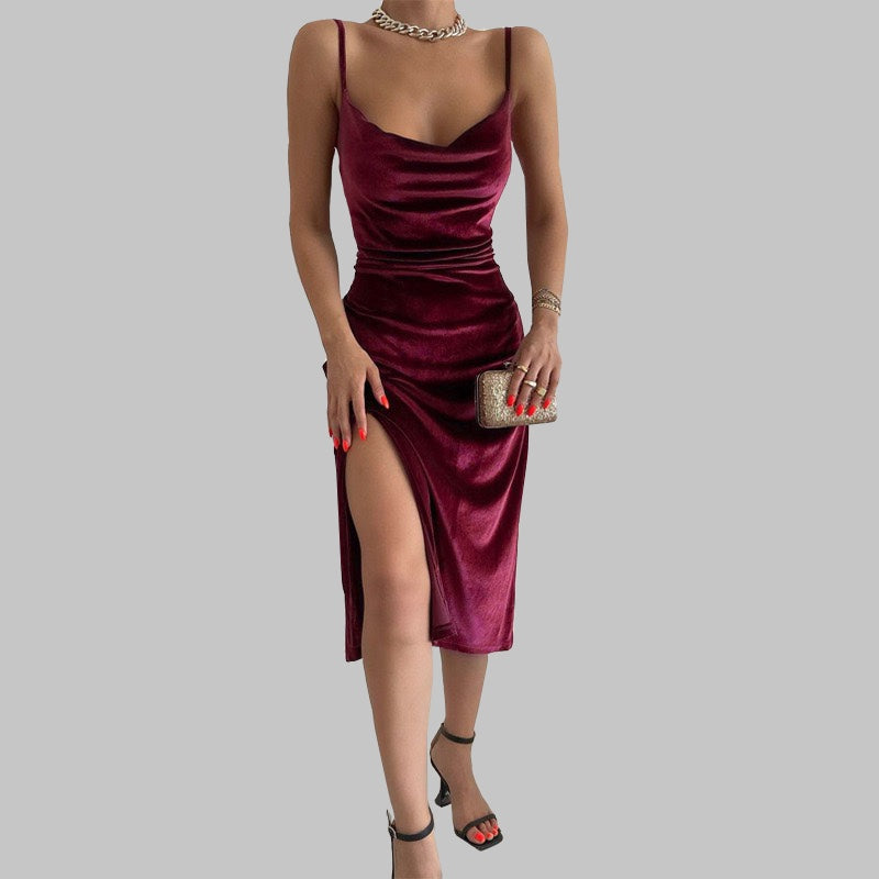 Chic Velvet Midi Dress with Side Slit