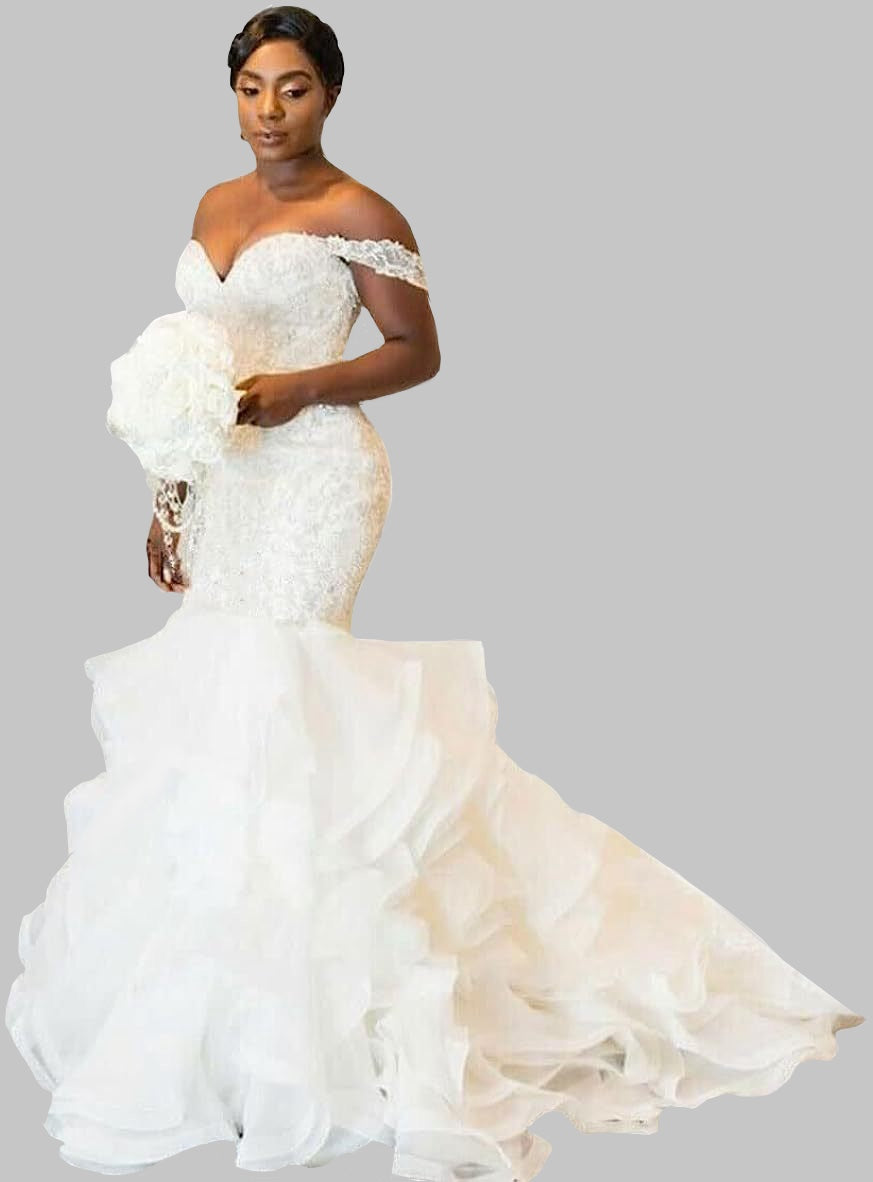 Exquisite Off-Shoulder Mermaind Wedding Dress with Ruffled Train