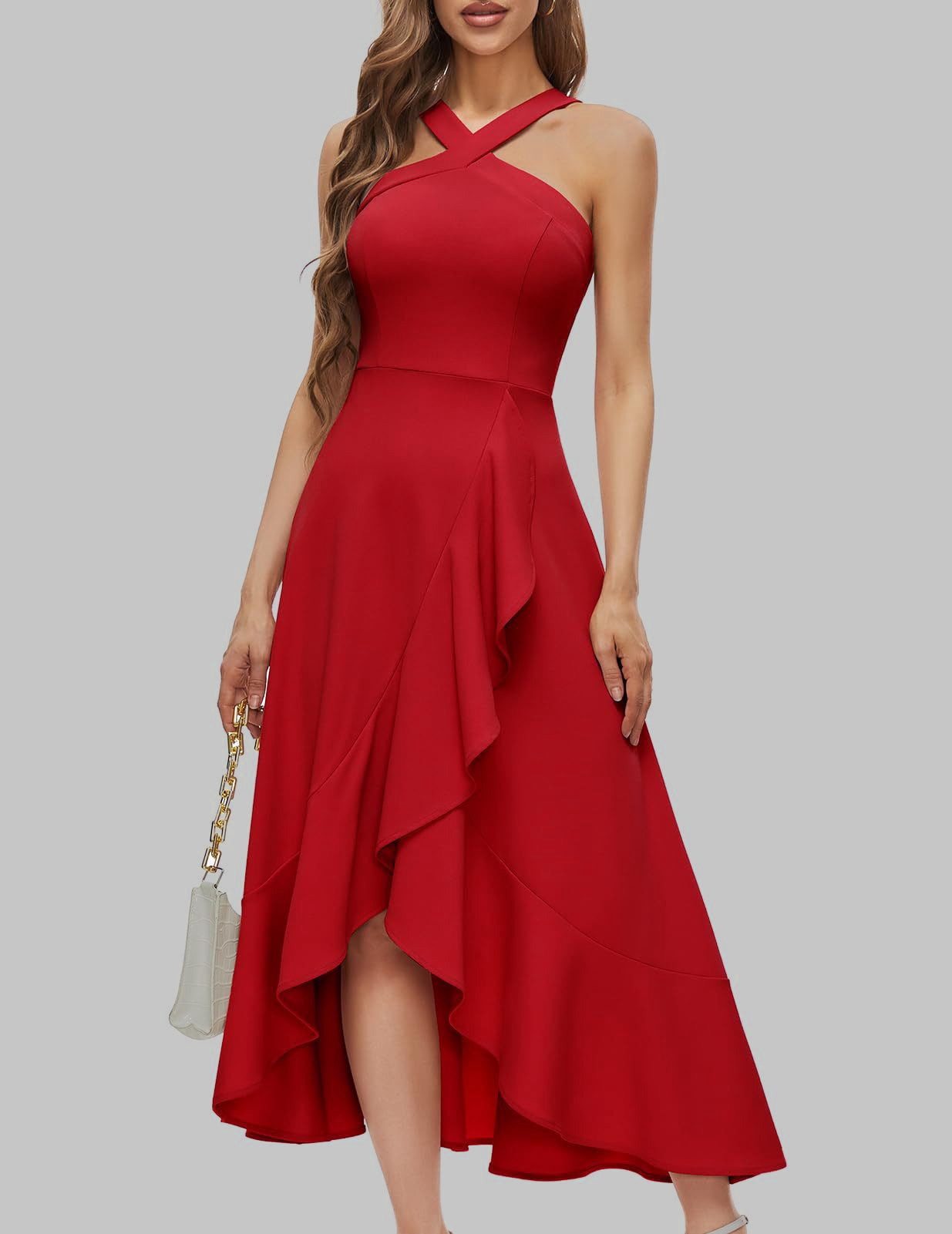 Elegant Red A-Line Midi Dress with Spaghetti Straps and Ruffle Hem