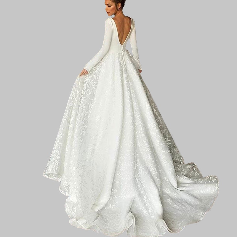 Stunning Backless Lace Wedding Dress with Long Sleeves