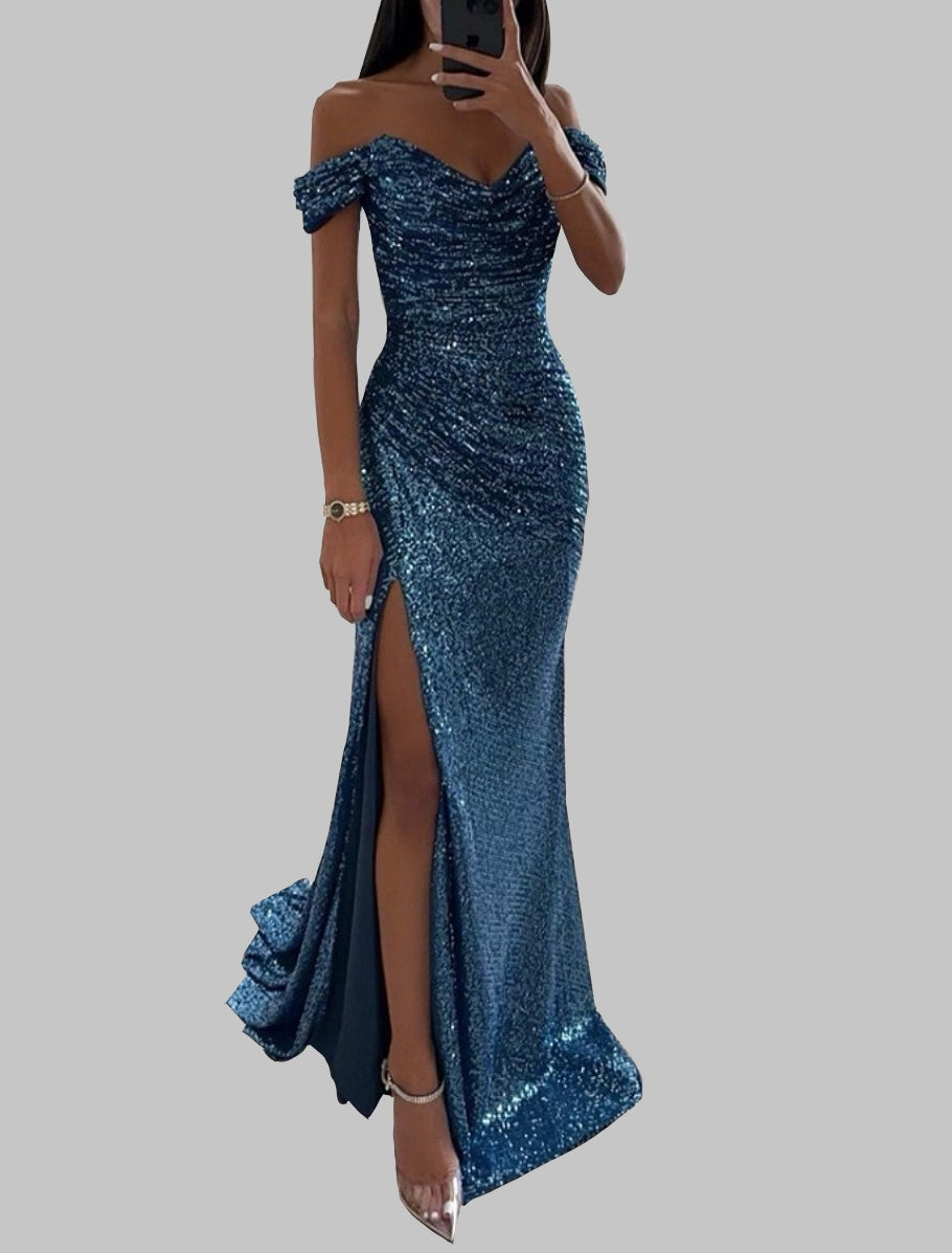 Elegant Off-Shoulder Sequin Evening Gown with High Slit