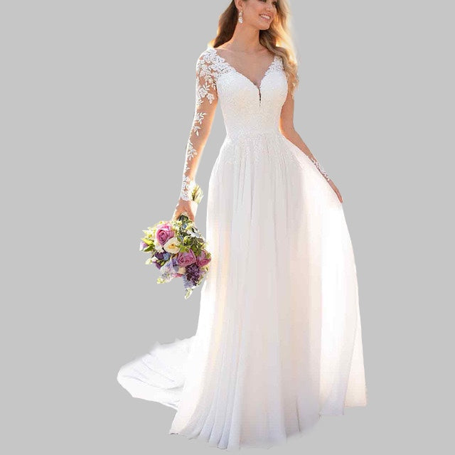 Beach Wedding Dresses A-Line V Neck Long Sleeve Court Train Chiffon Bridal Gowns With Lace