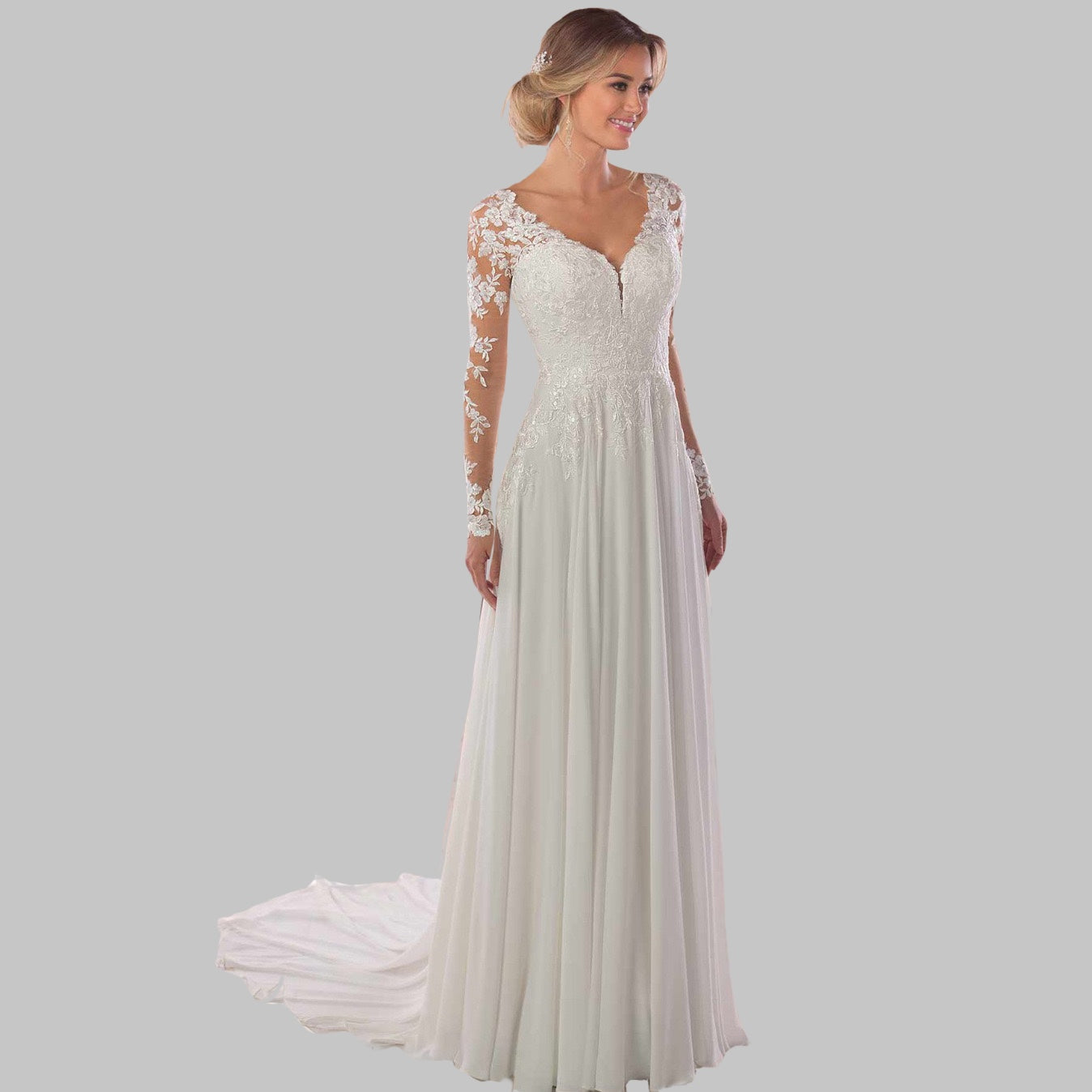 Beach Wedding Dresses A-Line V Neck Long Sleeve Court Train Chiffon Bridal Gowns With Lace