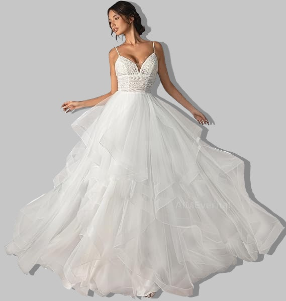 Women Tiered Tulle Wedding Dresses Slip Dresses V Neck with Adjustable Strap,Sexy Beach Dresses