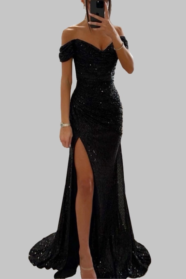 Elegant Off-Shoulder Sequin Evening Gown with High Slit