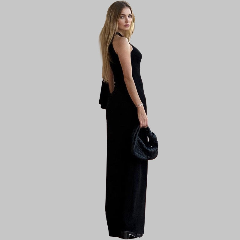 Elegant One-Shoulder Black Maxi Dress with Flowing Detail