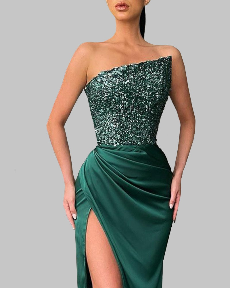 Sequined fairy long sleeveless fashionable tight medium length evening dress